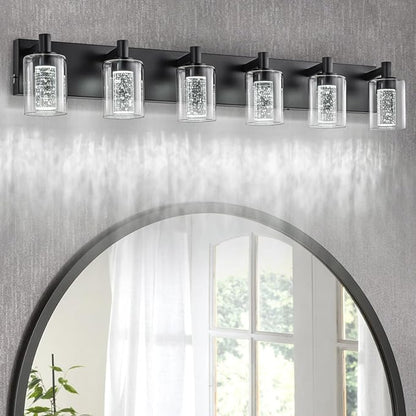 SineRise Vanity Light with 3 Color Modes (3000K/4000K/6000K), Eye Protection LED Bathroom Light Fixture, Dimmable Modern Wall Light Over Mirror with Clear Glass Shade (Black, 6-Light)