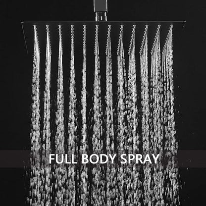 Shower Faucet Set Matte Black 12 Inch Ceiling Mount Rainfall Shower System with 2 Rain Shower Head and Handheld Head Combo Push Button Diverter Shower Trim Kit and Rough-in Valve Body