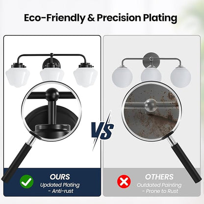 Bathroom Vanity Light Fixtures: 3-Light Black Vanity Lights for Bathroom Over Mirror, Farmhouse Wall Sconce Lighting with Frosted Milky Glass for Kitchen (Exclude Bulb)