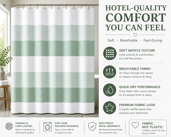 Dainty Home | Spa Green Ombre Waffle Weave Shower Curtain - 70" x 72" - Water Resistant Polyester Blend Fabric Shower Curtain - The Best Gradient Design Washable Waffle Shower Curtain