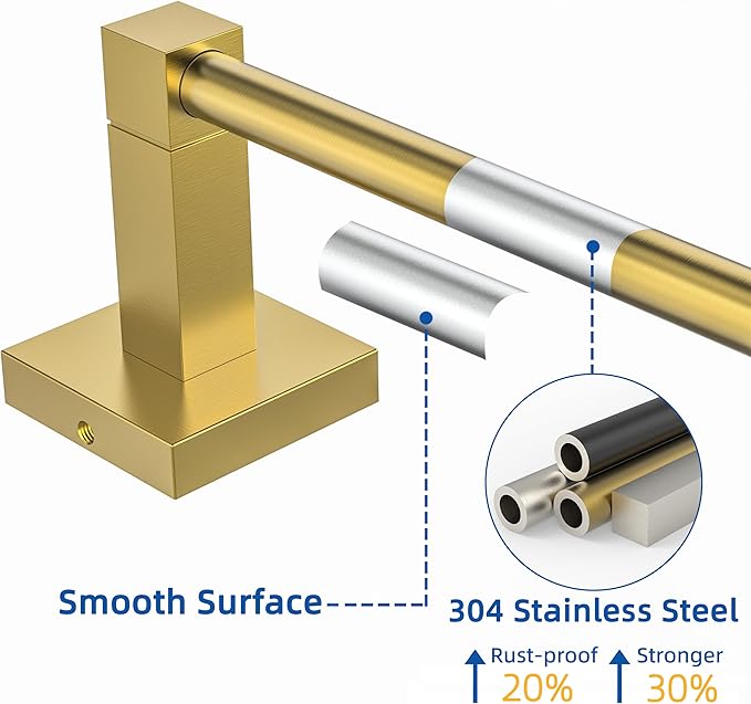 RUACQ Gold Towel Bar 24 inch, 304 Stainless Steel Towel Racks for Bathroom Wall Mounted, Heavy Duty Bath Towel Rod with Square Base(Brushed Gold)