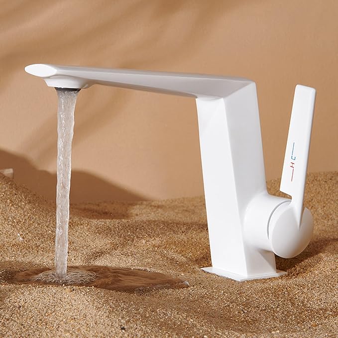 BiaoTeng One Hole Bathroom Faucet White Hot and Cold Brass Single Hole Bathroom Sink Faucets