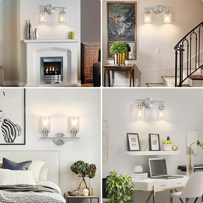 Bathroom Light Fixtures, 2 Light Vanity Light, Silver Wall Sconces Lighting | Modern Bath Wall Mounted Lights with Glass Shade, Porch Wall Lamp for Mirror, Living Room, Bedroom, Brushed Nickel