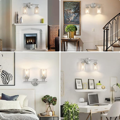 Bathroom Light Fixtures, 2 Light Vanity Light, Silver Wall Sconces Lighting | Modern Bath Wall Mounted Lights with Glass Shade, Porch Wall Lamp for Mirror, Living Room, Bedroom, Brushed Nickel