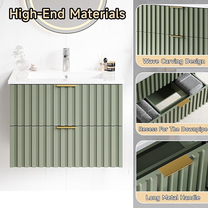 ONBRILL 24 Inch Bathroom Vanity with Sink Combo, Floating Bathroom Vanity with 2 Fluted Drawers & Metal Handle, Modern Wall Mount Storage Cabinet with Ceramic Integrated Sink for Small Space (Green)
