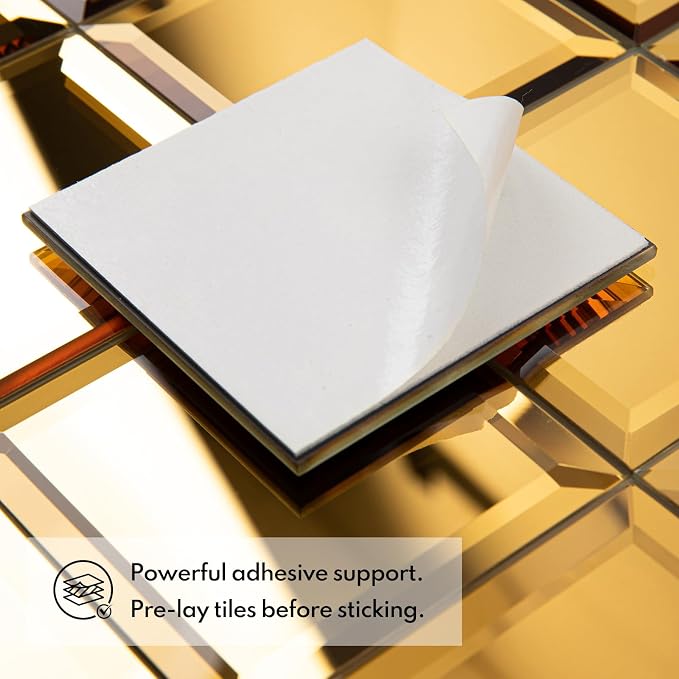 Peel and Stick 3 Inch Gold Mirror Backsplash, Square Tile for Kitchen Bathroom (32 Sheets, 2 SQ.FT.)