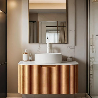 30 inch Bathroom Vanity with Sink, Floating Cabinet with Ultra-Thin Ceramic Basin and Marble Top, Extra Large Storage Drawer, Soft-Close Design, Nature Wood