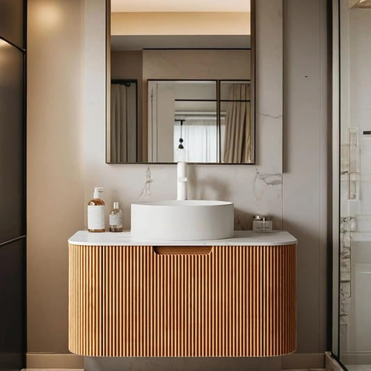 30 inch Bathroom Vanity with Sink, Floating Cabinet with Ultra-Thin Ceramic Basin and Marble Top, Extra Large Storage Drawer, Soft-Close Design, Nature Wood