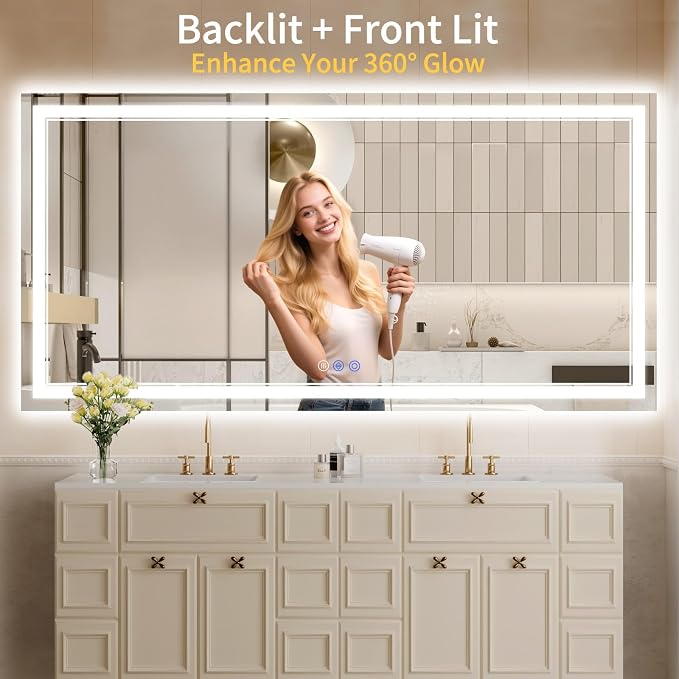 28"x60" LED Bathroom Mirror with Lights, Anti-Fog, Backlit + Front Lit, Dimmable, Led Vanity Mirror for Wall, Lighted Bathroom Mirror, 3 Colors, Shatter-Proof Tempered Glass