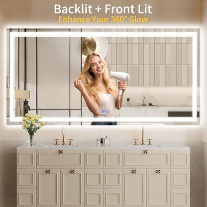 28"x60" LED Bathroom Mirror with Lights, Anti-Fog, Backlit + Front Lit, Dimmable, Led Vanity Mirror for Wall, Lighted Bathroom Mirror, 3 Colors, Shatter-Proof Tempered Glass