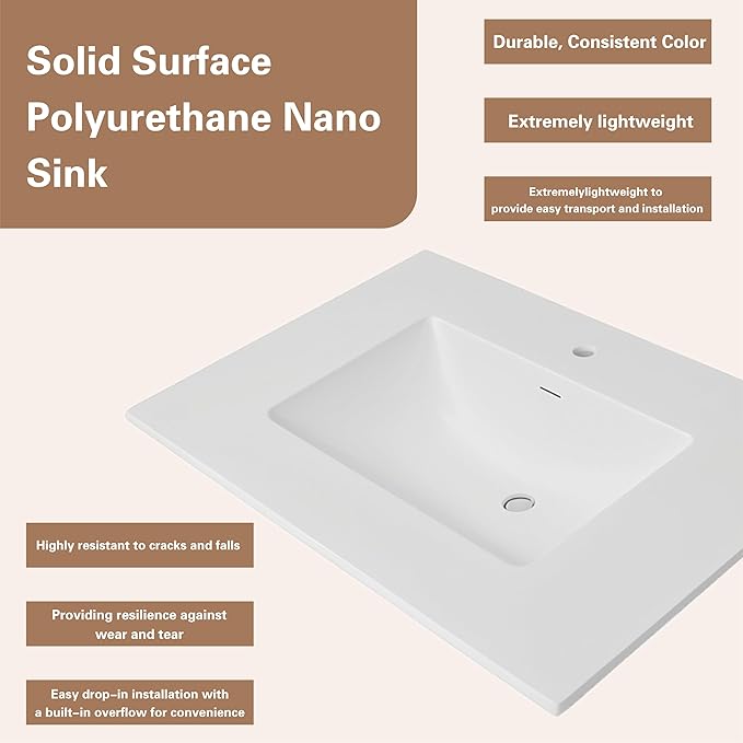 37" Bathroom Vanity Top with Integrated Sink & Backsplash – Solid Surface Polyurethane Resin, Matte White, Built-in Overflow, Easy-to-Clean Countertop, 37" W x 22" D