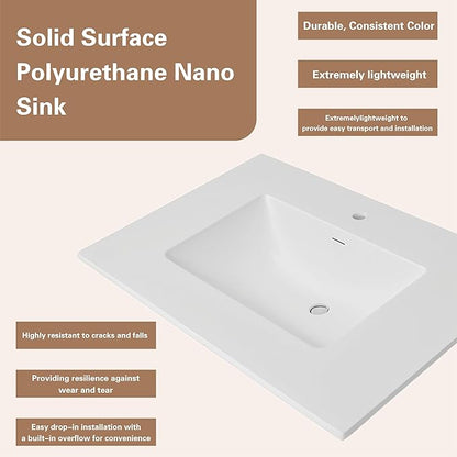 37" Bathroom Vanity Top with Integrated Sink & Backsplash – Solid Surface Polyurethane Resin, Matte White, Built-in Overflow, Easy-to-Clean Countertop, 37" W x 22" D
