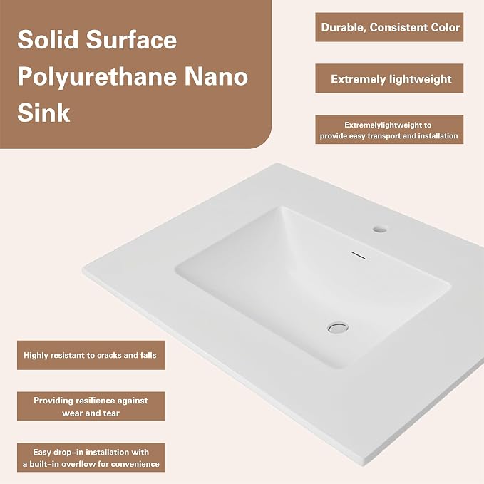 37" x 22" Solid Surface Resin Vanity Top with Integrated Sink and Backsplash, Matte White Countertop, Single Faucet Hole, Built-In Overflow