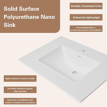 37" x 22" Solid Surface Resin Vanity Top with Integrated Sink and Backsplash, Matte White Countertop, Single Faucet Hole, Built-In Overflow