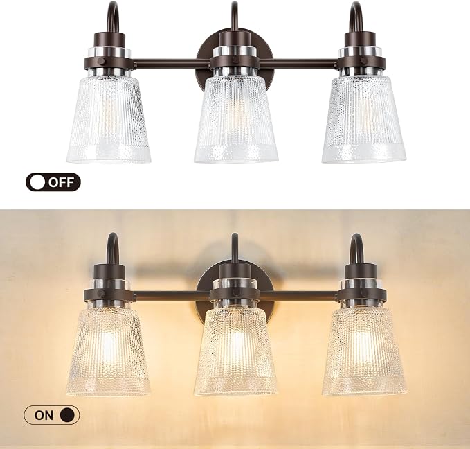 3-Light Bathroom Vanity Light, Farmhouse Bathroom Light Fixture with Clear Striped Glass Shade, 18.8 Inch Oil Rubbed Bronze Wall Sconce Lighting Over Mirror for Bedroom Hallway Cabinet