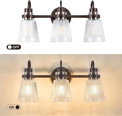 3-Light Bathroom Vanity Light, Farmhouse Bathroom Light Fixture with Clear Striped Glass Shade, 18.8 Inch Oil Rubbed Bronze Wall Sconce Lighting Over Mirror for Bedroom Hallway Cabinet