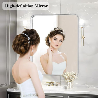 Silver Bathroom Vanity Mirror Over Sink 30x36, Large Wall Chrome Mirror | Fabuday Matte Metal Brushed Nickel Framed Rectangle Mirror for Living Room, Bedroom, Entryway Decor, Wall Mounted