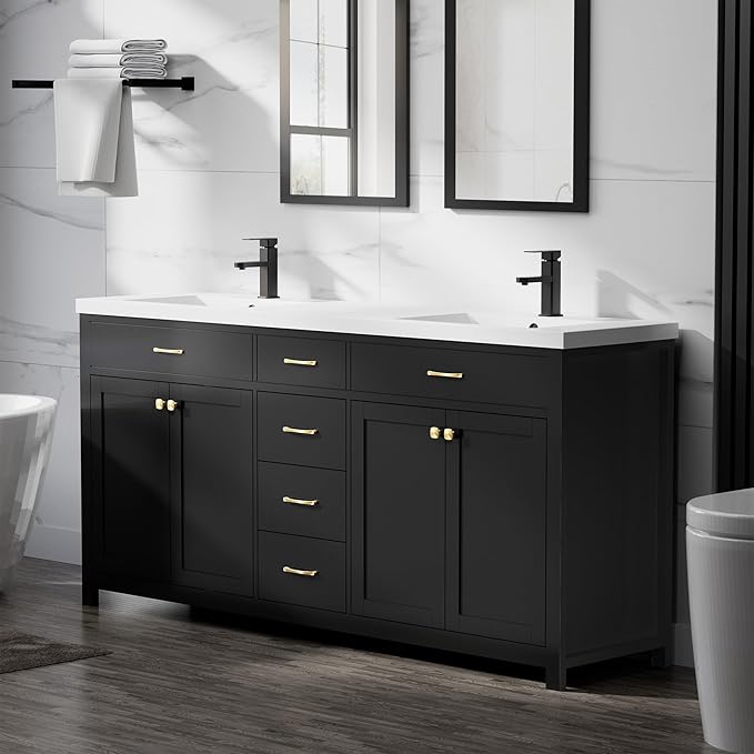 LUCKWIND 72" Bathroom Vanity and Sink Combo, Painted Modern Bathroom Storage Cabinet with Double Large Sink, Four Doors and Three Drawers, Include Faucet, Without Mirror, Black