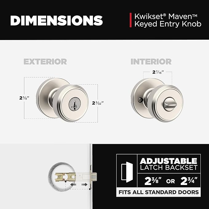 Kwikset Maven Entry Door Knob with Lock and Key, Secure Keyed Handle Exterior, Front Entrance and Bedroom, Satin Nickel, 4 Pack, Pick Resistant SmartKey Rekey Security and Microban