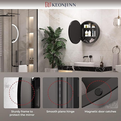 Keonjinn Round LED Medicine Cabinet 24 Inch, Black Lighted Medicine Cabinet for Bathroom with Mirror, Circle, Electrical Outlet, 3 Color Lights, Anti-Fog, Dimmable, Surface Mount Only