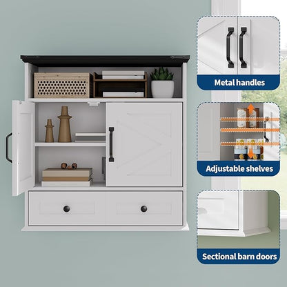Farmhouse Wall Mounted Medicine Cabinet with Adjustable Shelves, Double Barn Doors & Removable Drawer - Rustic Bathroom Over The Toilet Storage Cabinet for Bathroom, Kitchen, Hallway