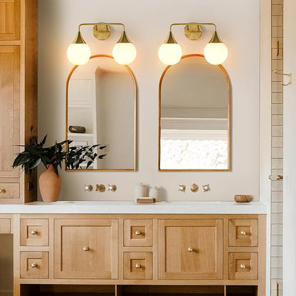 Bathroom Vanity Light Fixtures: 2-Light Mid Century Farmhouse Bathroom Lighting Fixtures Over Mirror - Brushed Gold Wall Sconce with Frosted Globe Glass for Hallway Restroom