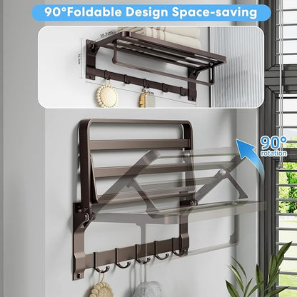 90° Foldable Towel Racks for Bathroom Wall Mounted with Rustproof Aluminum Towel Bar5 Towel Hooks 23IN Shelves Organizers Storage for RV Hotel Lavatory Kitchen Home Decor, Matte Gun Grey