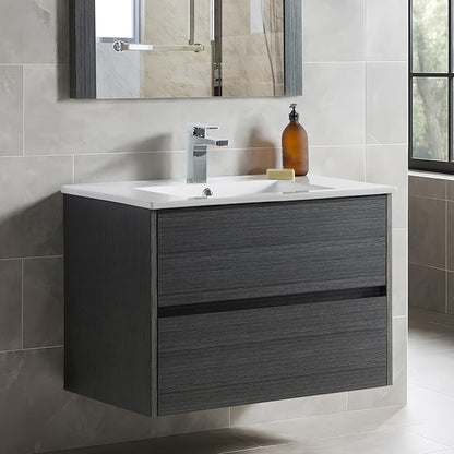 Blossom 30 Inch Bathroom Vanity with Sink - All Wood Floating Vanity Cabinet with Ceramic Sink - 2 Soft-Closing U-Shaped Cutout Drawers - Modern Bathroom Storage Vanities, Silver Grey Finish