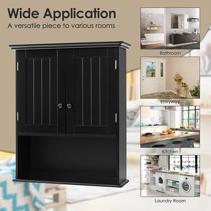 Tangkula Wall Mount Bathroom Cabinet Wooden Medicine Cabinet Storage Organizer with 2-Doors and 1-Shelf Cottage Collection Wall Cabinet (Black)