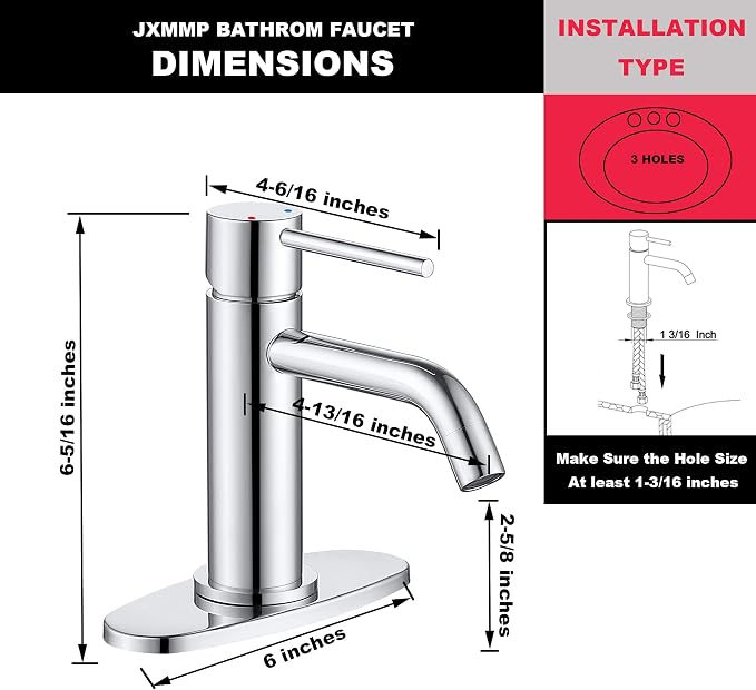 Bathroom Faucet Chrome Single Hole, JXMMP Single Handle Bathroom Faucets for Sink with Pop Up Drain Assembly and 6 inch Deck Plate