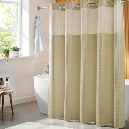 River Dream Linen Cotton Blend Fabric Shower Curtain Set with Liner, 71x74 | Waffle Weave, No Hook Needed, with Snap in Replacement Liner, Top Sheer Window, Hotel Quality Fabric for Bathroom