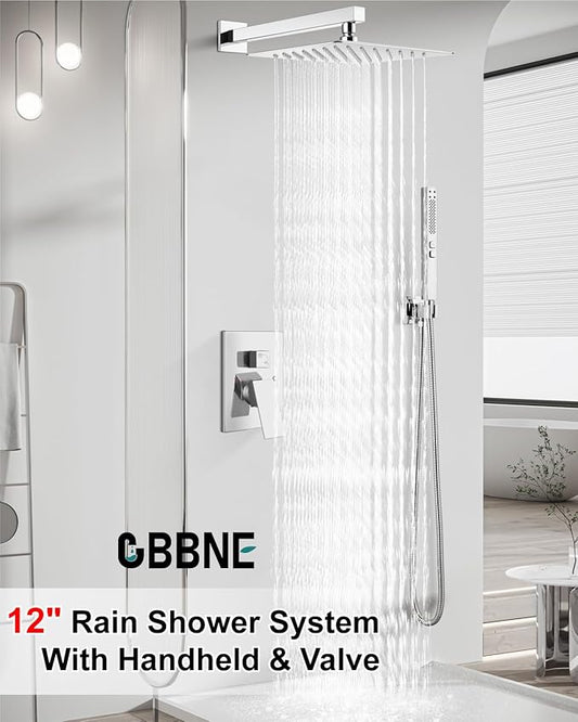 Shower Faucet Set Rainfall Shower System with Square Showerhead and Handle Set Fixture with 2 in 1 Function Handheld Sprayer Wall Mounted Trim Repair Kit Rough-in Valve 12 Inch Polish Chrome