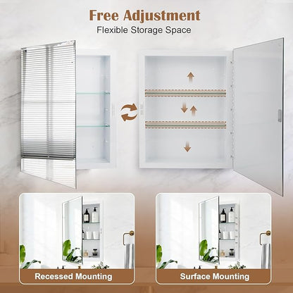 16x20'' Bathroom Medicine Cabinet Mirror with Storage, Surface Mount or Recessed Medicine Cabinet with 3-Tiered Adjustable Tempered Glass Shelves