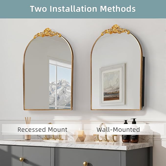Casaphoria 36" H x 24" W Arched Bathroom Medicine Cabinet with Mirror, Metal Frame Wall Mirror Cabinet,Wall Medicine Cabinets Mirrors, Gold