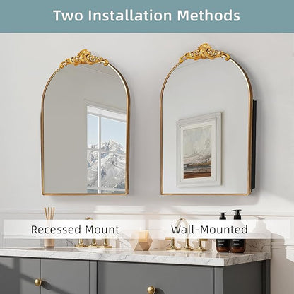 Casaphoria 36" H x 24" W Arched Bathroom Medicine Cabinet with Mirror, Metal Frame Wall Mirror Cabinet,Wall Medicine Cabinets Mirrors, Gold