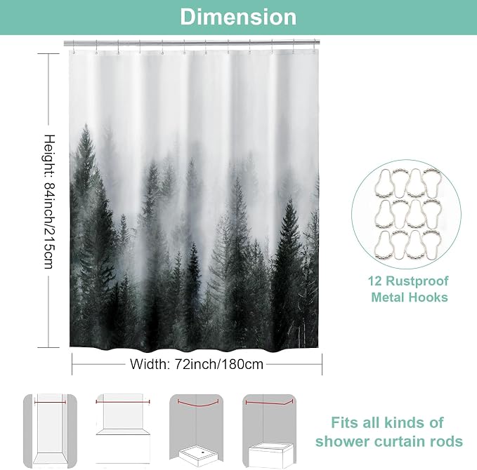 ORTIGIA 84 Inch Long Dark Green Misty Forest Shower Curtain for Bathroom, Nature Woodland Shower Curtain Set with Metal Hooks, Decorative Pine Tree Fog Magic Bath Curtain, Weighted, 72x84