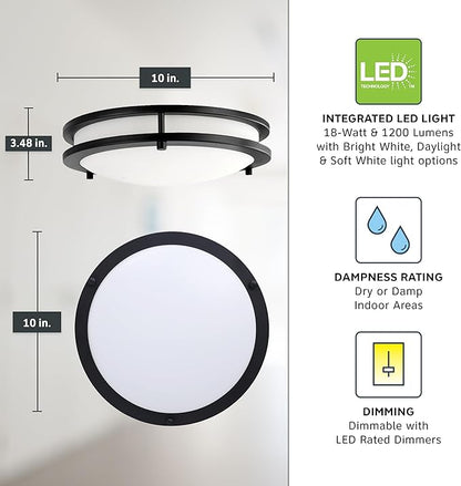 Designers Fountain Flush Mount Ceiling Light, 10 Inch Round LED DC Lighting Fixture Kitchen, Bedroom, Bathroom, and Hallway, Dimmable, 1150 Lumens, 3000K/4000K/5000K, Bronze, EV1410C3C-34