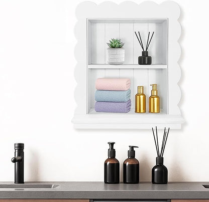 Royxen 14"x18" Recessed Medicine Cabinet, 2-Tier Wooden Bathroom Wall Cabinets Without Mirror,Scalloped Large Medicine Cabinet Niche for Bathroom Storage Organizer,White