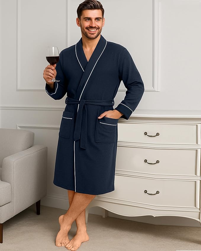 Cotton Blend Lightweight Knit Robe for Men Soft Loungewear Bathrobe