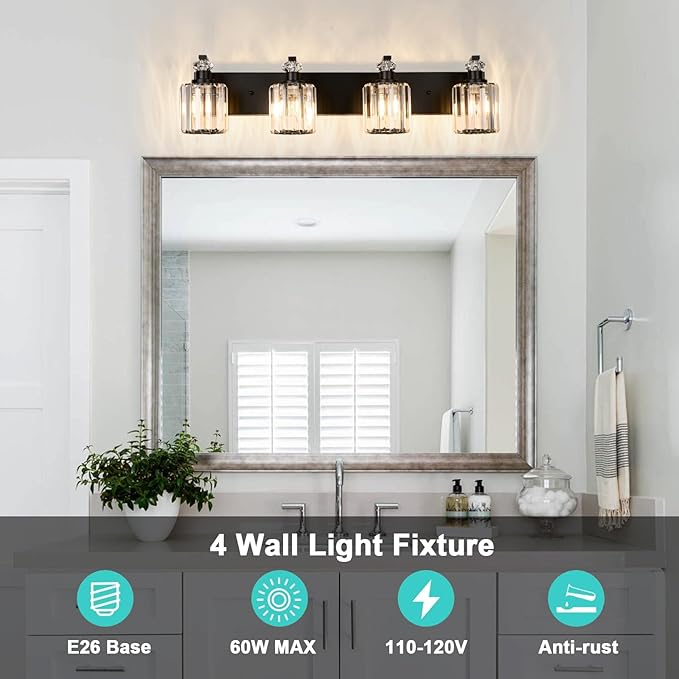 Black Bathroom Light Fixtures with K9 Crystal Lampshade Bathroom Lighting Over Mirror Vanity Lights for Living Room,Bedroom,Restroom,Hallway 4 Lights