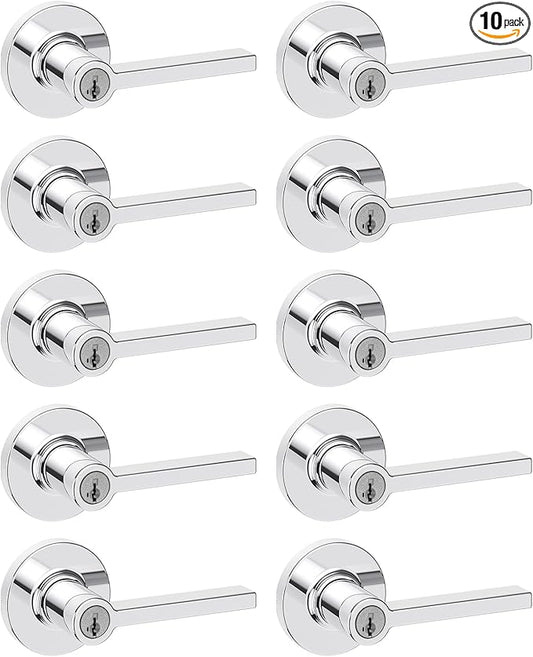 Kwikset Casey Entry Door Handle with Lock and Key, Secure Keyed Reversible Lever Exterior, for Front Entrance and Bedrooms, Polished Chrome, 10 Pack, Pick Resistant SmartKey Rekey Security