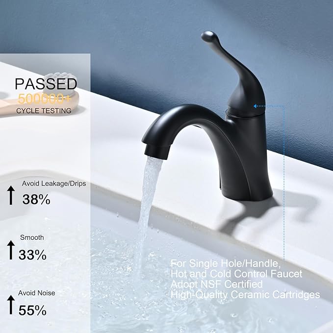 Matte Black Bathroom Faucet 1 Hole Brass Single Hole Handle Bathroom Faucets for Sink RV Vanity Faucet with Pop-up Drain and Flexible Hoses, Made of Heavy-Duty Thickened Brass and Metal (Black)