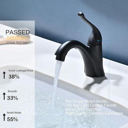 Matte Black Bathroom Faucet 1 Hole Brass Single Hole Handle Bathroom Faucets for Sink RV Vanity Faucet with Pop-up Drain and Flexible Hoses, Made of Heavy-Duty Thickened Brass and Metal (Black)