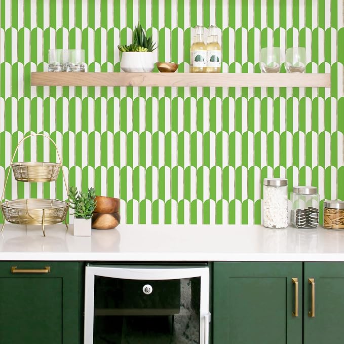 Vamos Tile Peel and Stick Backsplash Seamless Tile,Fish Scale,Matt,10-Sheet | 11.9''x10.8'',White & Grass Green PVC+Light Gold Stick on Backsplash Tile for Kitchen & Bathroom & Laundry & Camper