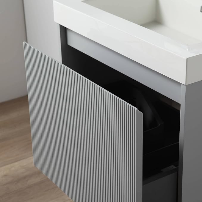 Blossom 24 Inch Bathroom Vanity with Sink and Side Cabinet, All Wood Floating Bathroom Vanity with Acrylic Sink, Bathroom Sink Cabinet with Soft-Close Drawer, Modern Style Vanities, Light Grey