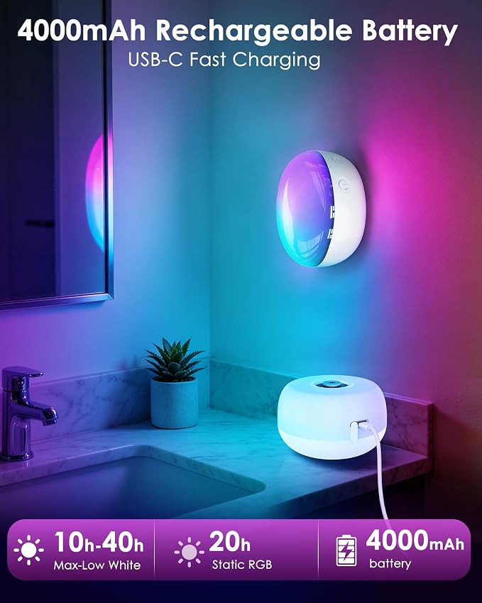 Rechargeable Shower Light, 4″ Round, 300LM Bright, 4000mAh Waterproof Shower Lamp with Remote, 15 RGB Colors & 3 CCT White, Dimmable Cordless LED Bathroom Light, Magnetic Mount Mood Lighting