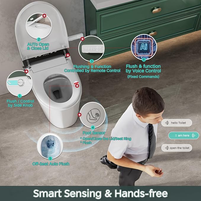 Smart Toilet with Bidet Built In ADA Height 17.7", 1.28GPF Power Flush, One Piece Bidet Toilet Design with Heated Seat, Voice Control, Remote Control, Foam Shield, Tankless Modern Toilet BSJ