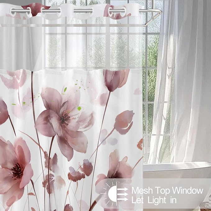 No Hook Shower Curtain and Liner Set, Red Boho Floral 71x74 | Watercolor Boho Flower, with Snap in Liner, Waterproof, Machine Washable, Quick-Drying, for Hotel Bathroom