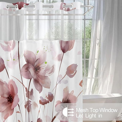 No Hook Shower Curtain and Liner Set, Red Boho Floral 71x84 | Watercolor Boho Flower, with Snap in Liner, Waterproof, Machine Washable, Quick-Drying, for Hotel Bathroom