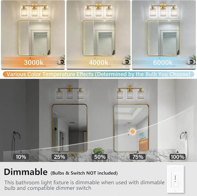 3 Light Bathroom Light Fixtures, Modern Crystal Vanity Lights over Mirror | Metal Frame, Bathroom Light with Square Crystal Shade, ETL Certified, E26 Ceramic Socket, Bulbs Not Included
